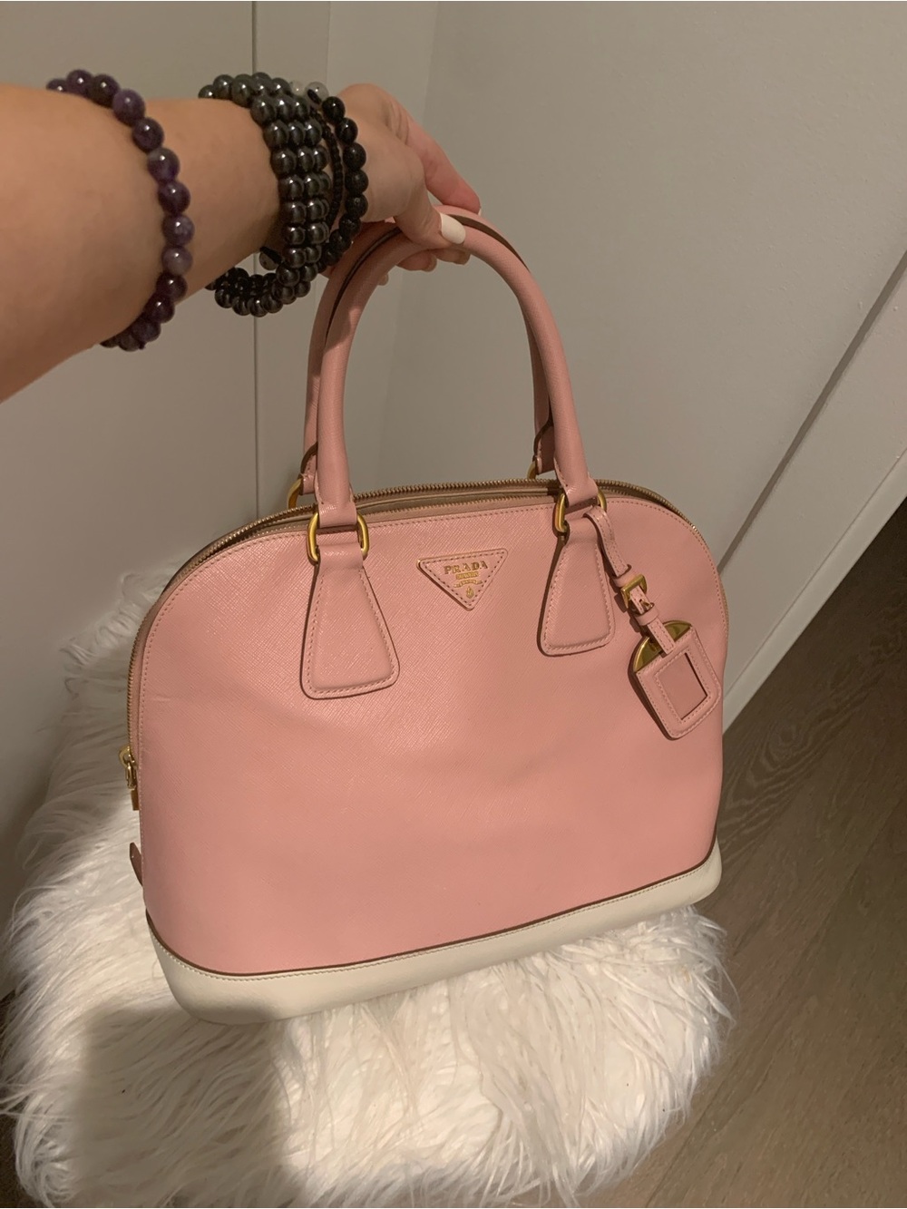 Prada Pink Saffiano Dome Satchel with White Base and Gold Hardware - Picture 4 of 15